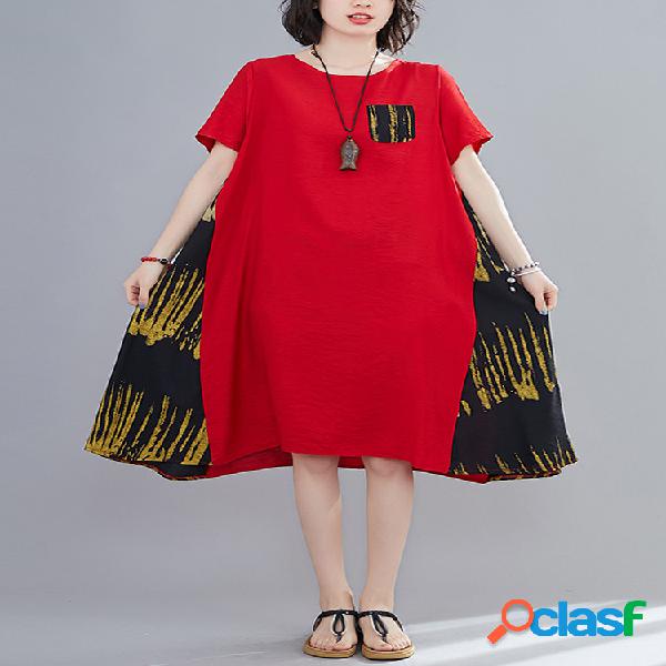 Imprimir Patchwork O-cuello A-line Plus Tamaño Vestido