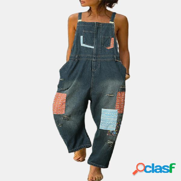 Imprimir Patchwork Straps Ripped Denim Mono Para Mujer