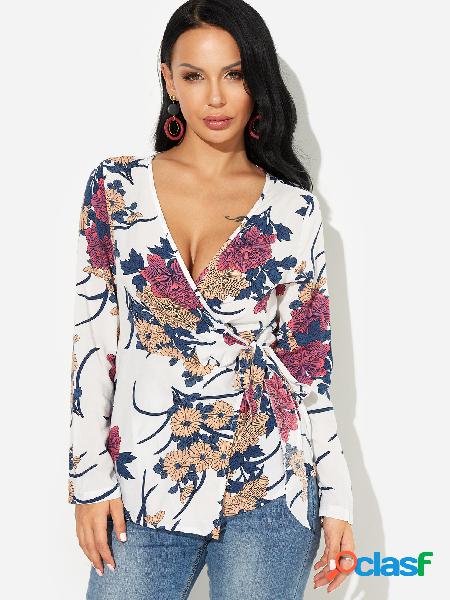 Manga larga con estampado floral al azar, cruzado, con