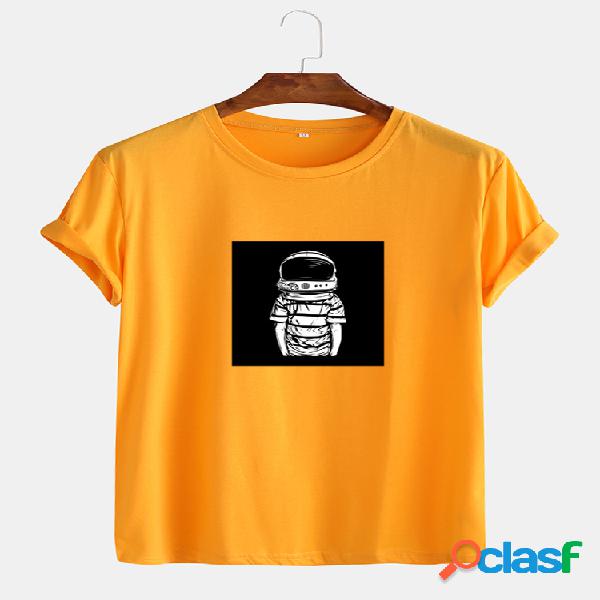 Mens Astronaut Graphic Print Algodón Redondo Cuello