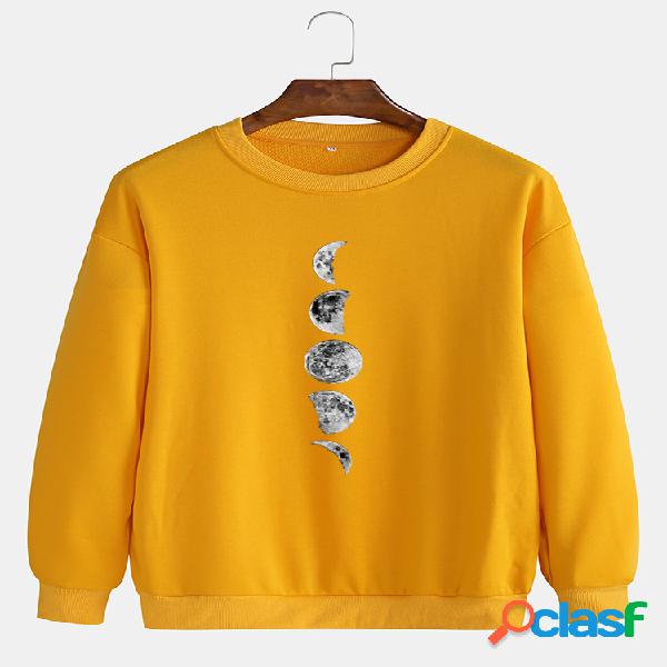 Mens Moon Graphic Chest Print Daily Pullover Crew Cuello