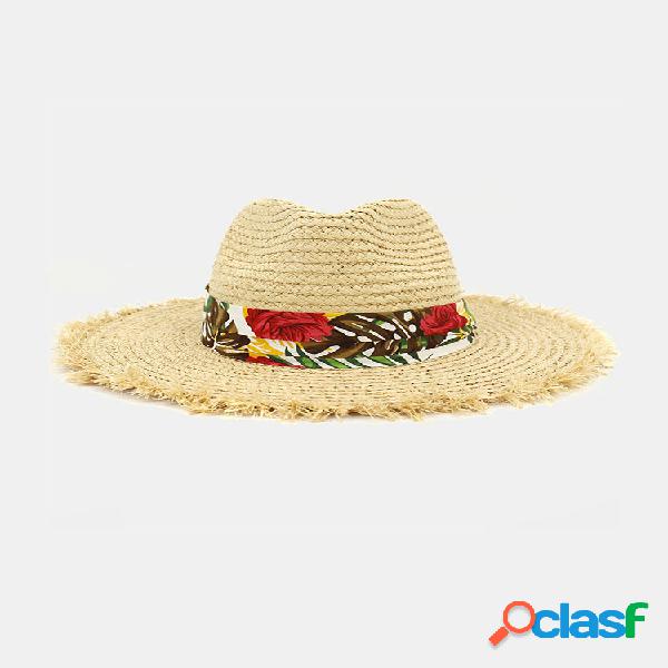 Mujer Estampado Patrón Paja de rafia Sombrero Protector