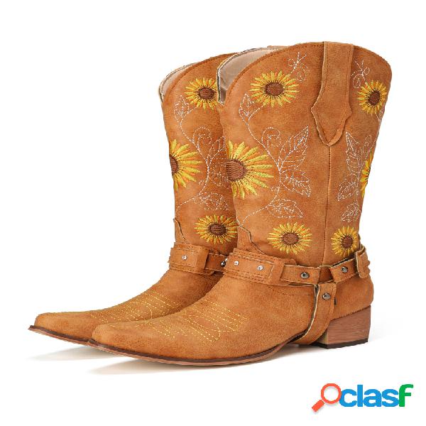 Mujer Girasoles retro bordado puntiagudo arnés de tacón