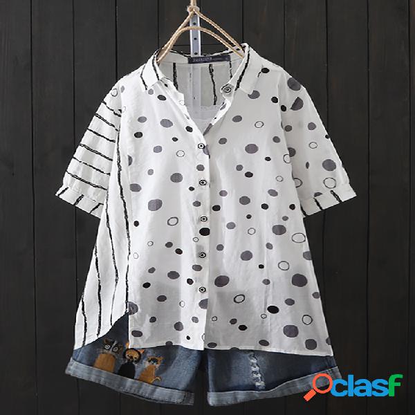 Patchwork a rayas de lunares Plus Tamaño Camisa