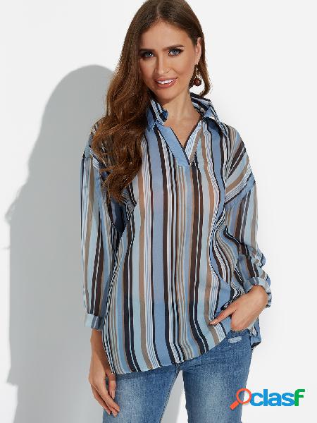 Rayas azules Cuello en v Manga larga Curva Dobladillo