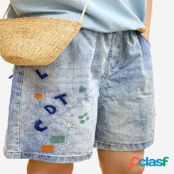 Bordado de letra suelta corto casual rasgado Jeans para