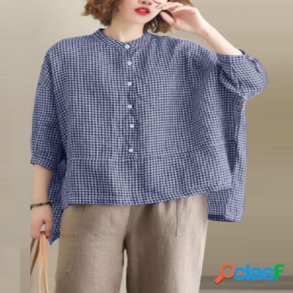 Botón Irregular Cuadros Plus Talla Camisa para Mujer