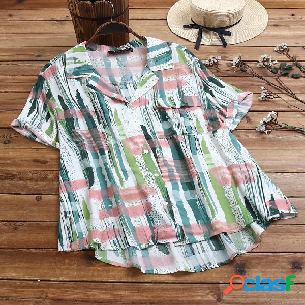 Botón de solapa estampado informal Plus Tamaño Camisa