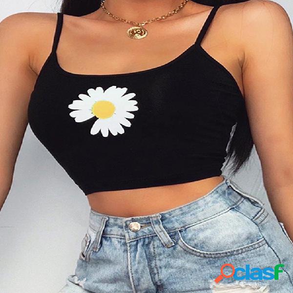 Daisy Flower Print Spaghetti Straps camiseta sin mangas para