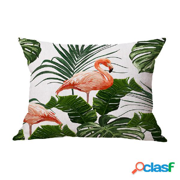 Funda de almohada de lino Flamingo Patrón Hojas tropicales