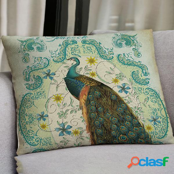Funda de almohada de lino con paisaje de pavo real de estilo