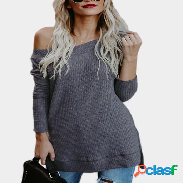 Gris Off Shoulder Long Sleeves Top de punto