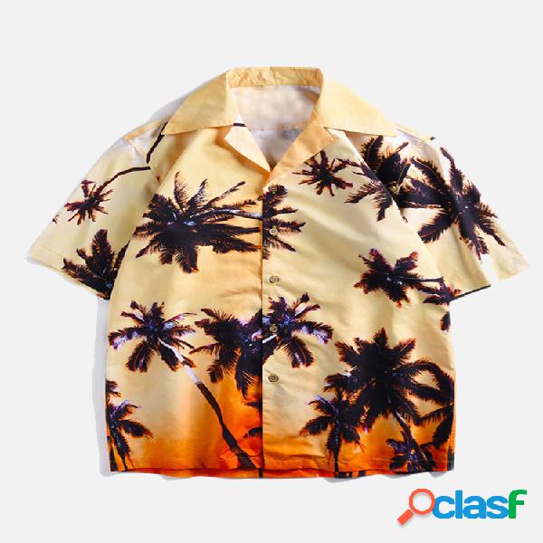 Hombre Hawaiian Tree Impreso Turn Down Collar Manga corta