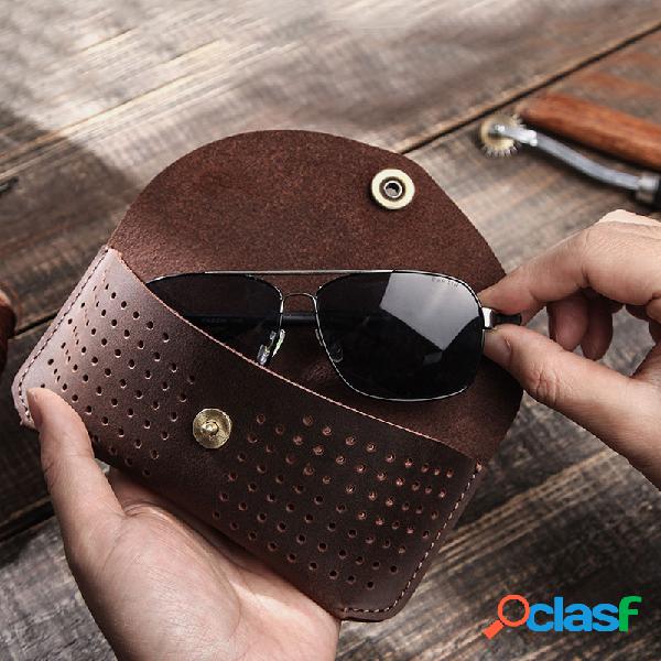 Hombre vendimia Hollow Piel Genuina Gafas de sol Bolsa