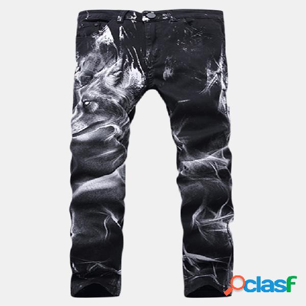 Moto Vintange Wolf Printing Folds High Elastic Delgado