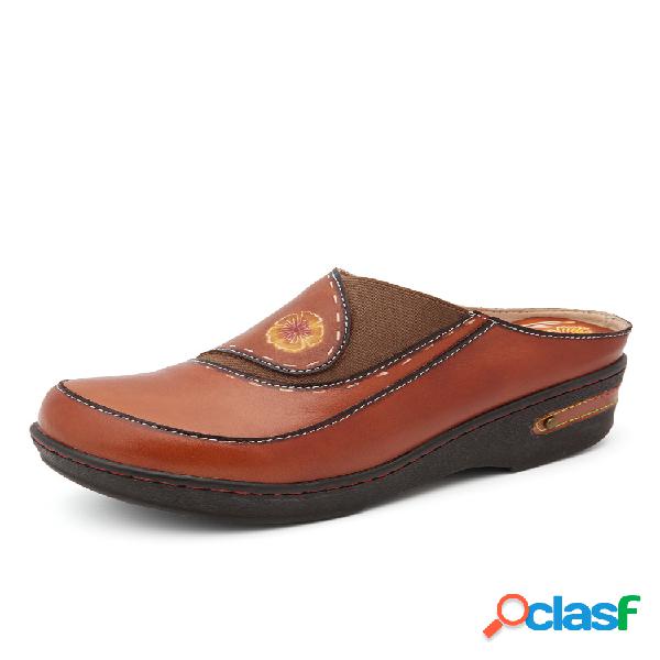 SOCOFY Cuero Flor Empalme elástico Slip-on Mules Zuecos