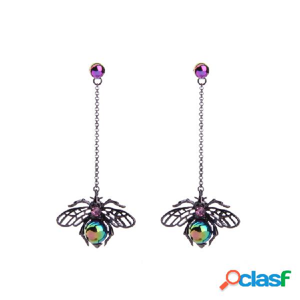 Vintage colorido perla hueco alas insecto gota pendientes