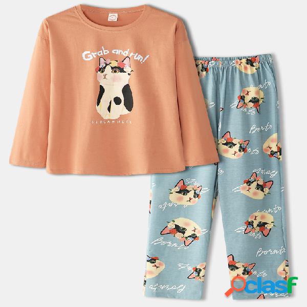 Mujer Lovely Gato Print Home Conjunto de pijama de dos