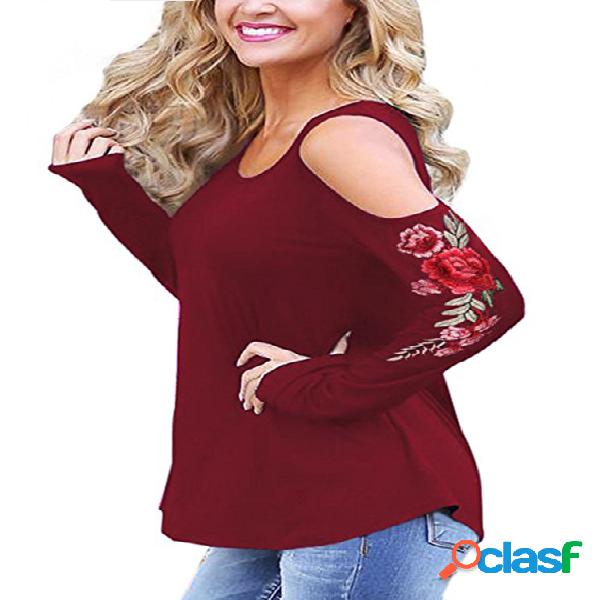Camisetas bordadas borgoña de manga larga con hombros