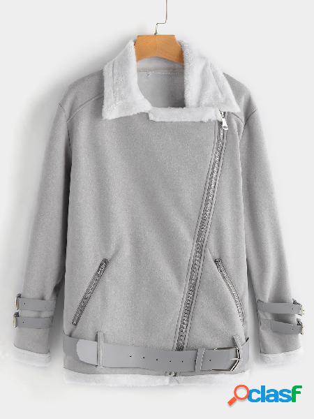 Cuello de solapa con diseño de cremallera gris Forro