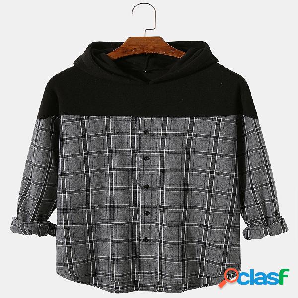 Hombre Patchwork Check Button Up Mangas largas Camisa