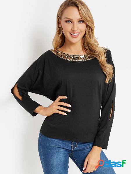 Lentejuelas negras brillantes cuello redondo manga larga