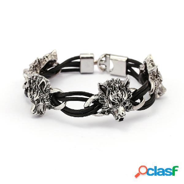 Punk Cuff Bracelets Wolf Head Wax Rope Winding Elasticity