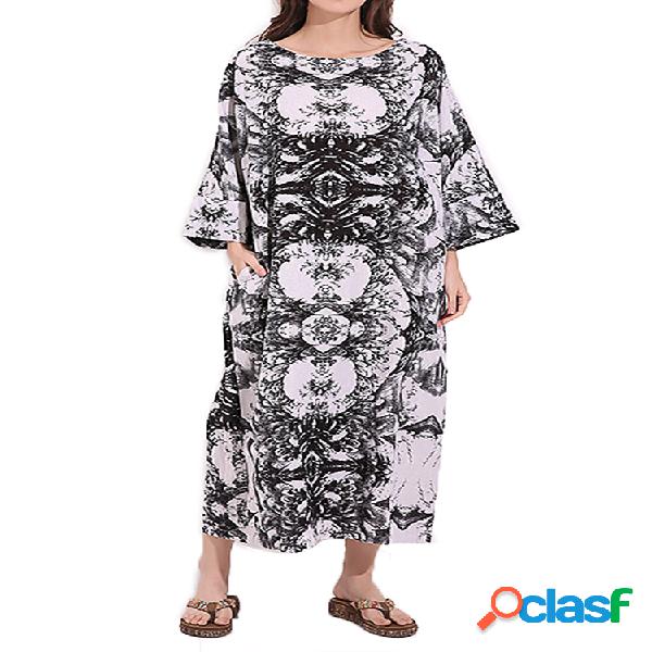 Vestido retro estilo tínica con estampado de cuello en O de