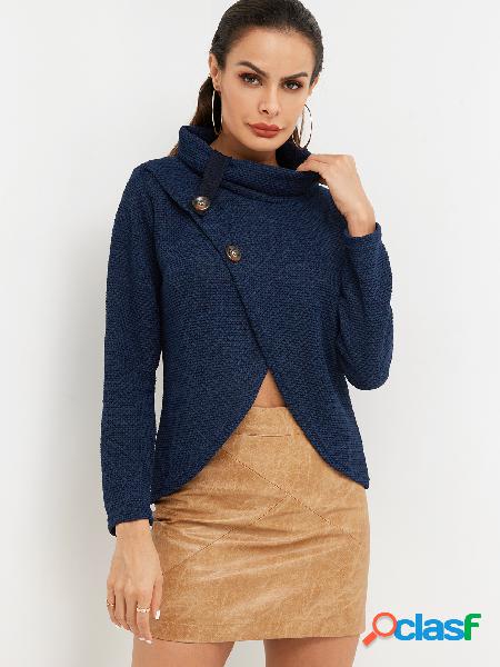 Blue Crossed Front Design Plain Roll Neck Mangas largas