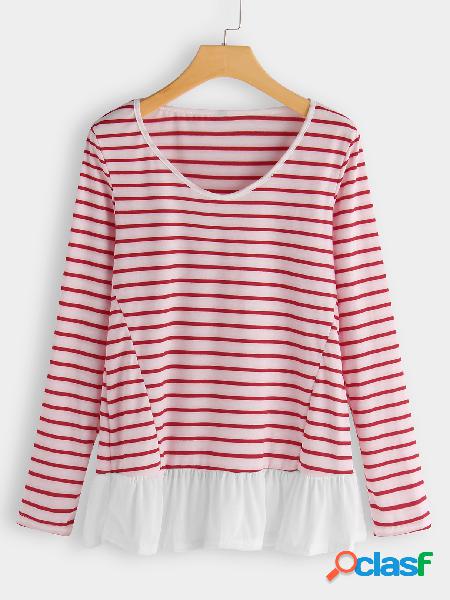 Camiseta de manga larga con cuello redondo a rayas rojas
