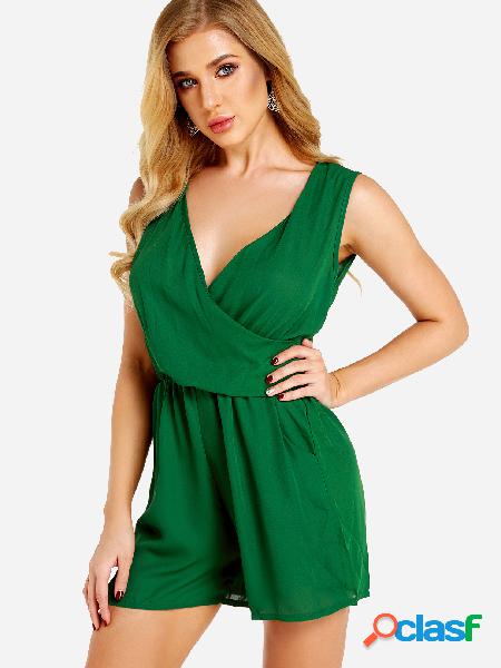 Green Crossed Front Design Cuello en V Stretch Waistband