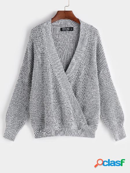 Grey Crossed Front Design Llanura cuello V profundo mangas