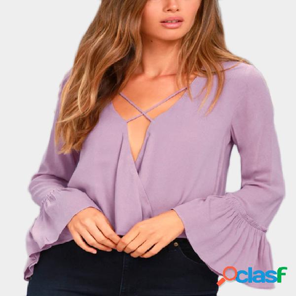 Light Purple Crossed Front Design cuello en V con cuello