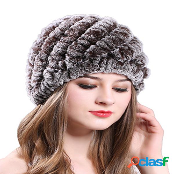 Mujer Classic Rex Rabbit Fur Beanie Sombreros Invierno