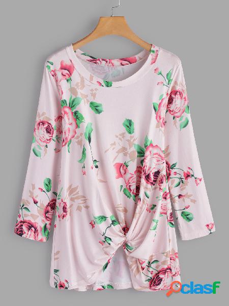 Pink Crossed Front Design estampado floral cuello redondo