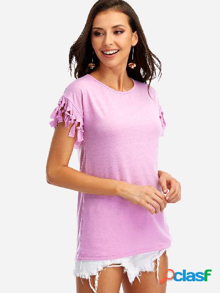 Purple Scoop Neck Camiseta con detalles de borla