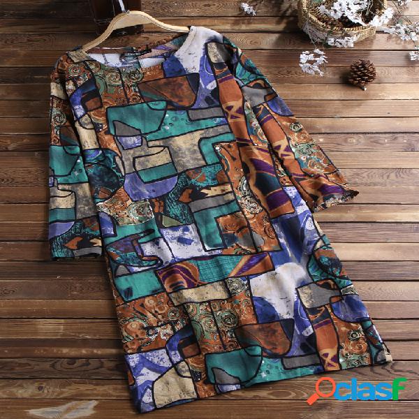 Vestido amplio estampado de cuello en O de manga larga para