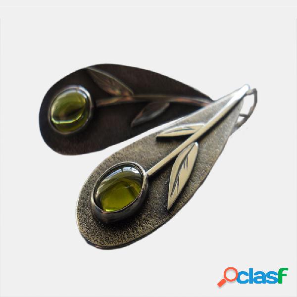 vendimia Metal Hoja Esmeralda verde oliva Pendientes Gota de