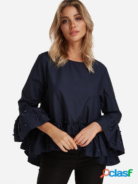 Blusa de mangas acampanadas de perlas azul marino