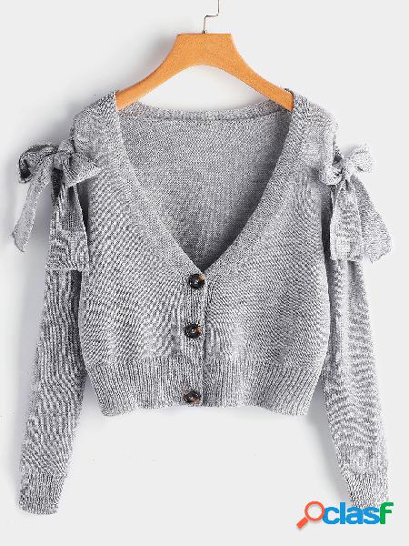 Cárdigan de punto gris con cuello en V y mangas largas de