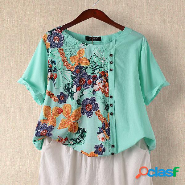 Imprimir Patchwork Button O-cuello Plus Blusa Talla