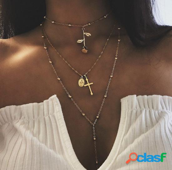 Vintage Geometric Cross Coin Multi-layer Necklace Metal