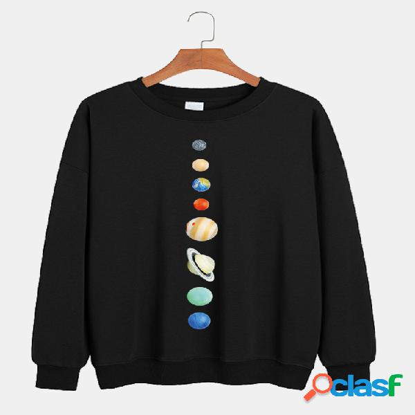 Hombre Planet Chest Print Color sólido Relaxed Fit Crew