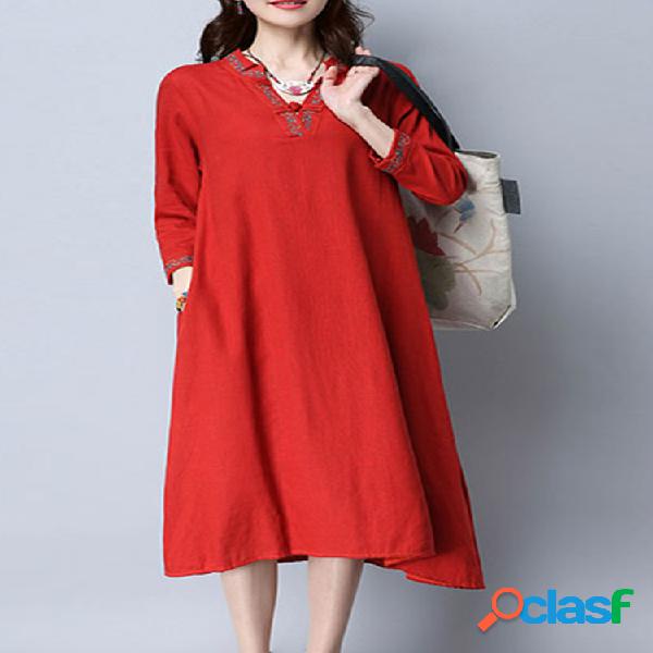 Vestido retro bordado de manga larga con botones chinos para