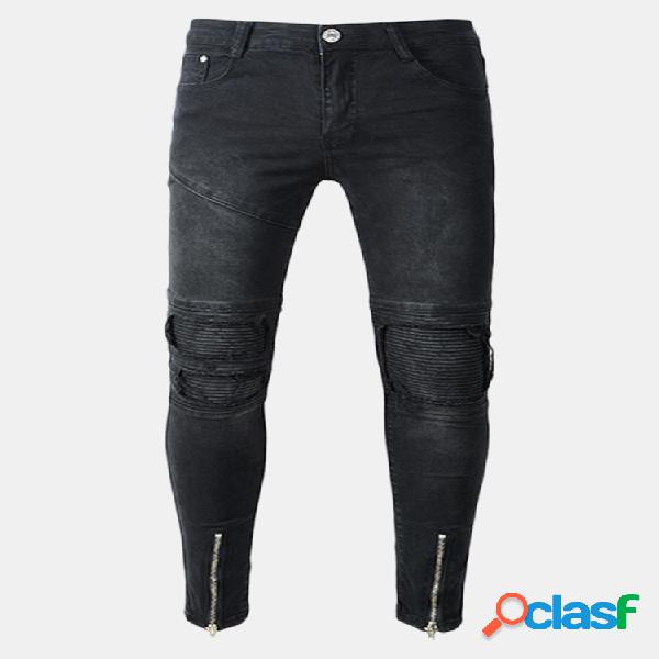 Black Biker Fold Holes Zipper Delgado Ripped Jeans para