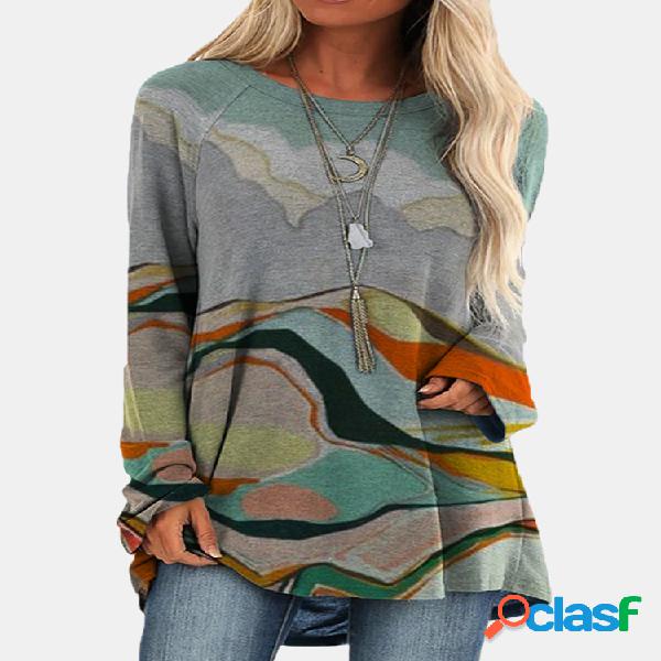 Blusa casual de manga larga con cuello redondo y estampado