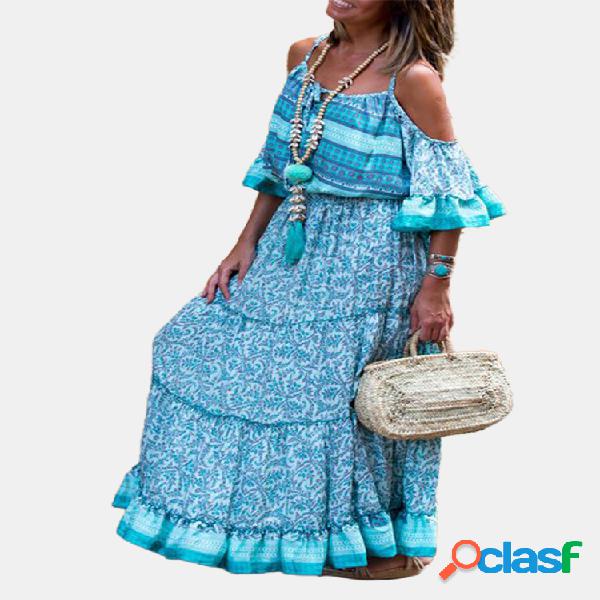 Bohemio Impreso Fuera del hombro Verano Playa Maxi Vestido