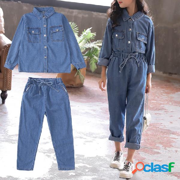 Botones de 2 piezas para niñas Camisas largas Jeans sets