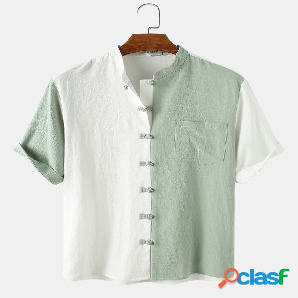 Hombres 100% Algodón Liso Patchwork Hebilla Cuello alto
