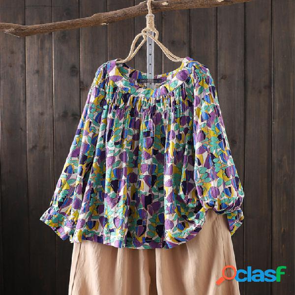 Blusa de manga larga con estampado floral Plus Talla